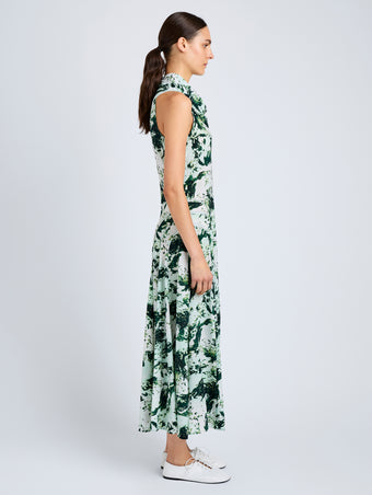 Proenza Schouler Side full length image of model wearing Adelide Dress in Printed Silk Viscose in Dark Green Multi