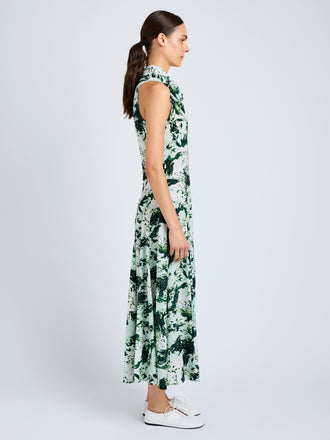 Proenza Schouler Side full length image of model wearing Adelide Dress in Printed Silk Viscose in Dark Green Multi