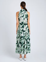 Proenza Schouler Back full length image of model wearing Adelide Dress in Printed Silk Viscose in Dark Green Multi