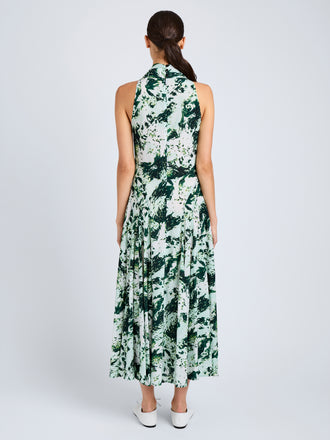 Proenza Schouler Back full length image of model wearing Adelide Dress in Printed Silk Viscose in Dark Green Multi