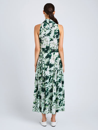 Proenza Schouler Back full length image of model wearing Adelide Dress in Printed Silk Viscose in Dark Green Multi