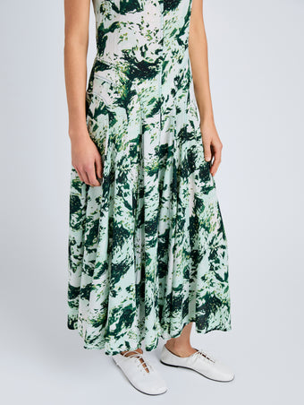 Proenza Schouler Detail image of model wearing Adelide Dress in Printed Silk Viscose in Dark Green Multi