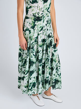 Proenza Schouler Detail image of model wearing Adelide Dress in Printed Silk Viscose in Dark Green Multi
