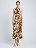 Proenza Schouler Front full length image of model wearing Adelide Dress in Printed Silk Viscose in Rust Multi