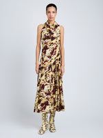 Proenza Schouler Front full length image of model wearing Adelide Dress in Printed Silk Viscose in Rust Multi