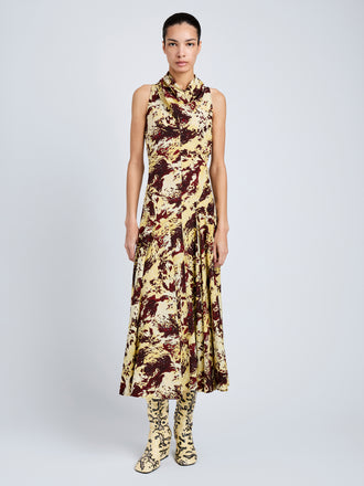 Proenza Schouler Front full length image of model wearing Adelide Dress in Printed Silk Viscose in Rust Multi