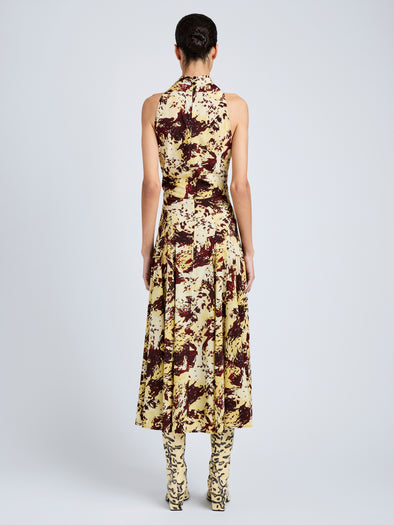Proenza Schouler Back full length image of model wearing Adelide Dress in Printed Silk Viscose in Rust Multi