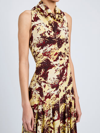 Proenza Schouler Detail image of model wearing Adelide Dress in Printed Silk Viscose in Rust Multi