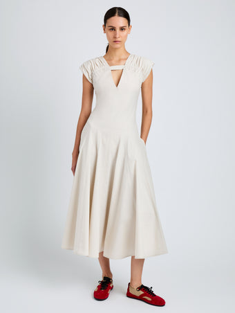 Proenza Schouler Front full length image of model wearing Manoela Dress in Eco Light Compact Poplin in White
