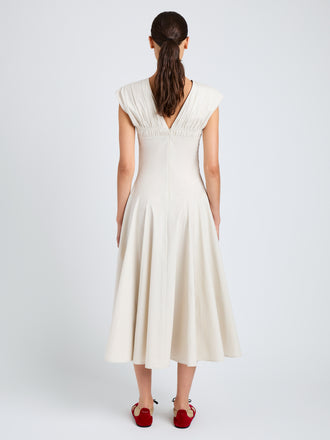 Proenza Schouler Back full length image of model wearing Manoela Dress in Eco Light Compact Poplin in White