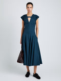 Proenza Schouler Front full length image of model wearing Manoela Dress in Eco Light Compact Poplin in Dark Spruce