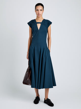 Proenza Schouler Front full length image of model wearing Manoela Dress in Eco Light Compact Poplin in Dark Spruce