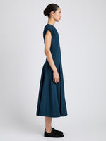 Proenza Schouler Side full length image of model wearing Manoela Dress in Eco Light Compact Poplin in Dark Spruce