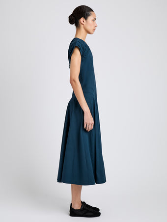 Proenza Schouler Side full length image of model wearing Manoela Dress in Eco Light Compact Poplin in Dark Spruce