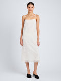Proenza Schouler Front full length image of model wearing Virginie Dress in Fringe Embroidery in Off White