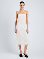 Proenza Schouler Front full length image of model wearing Virginie Dress in Fringe Embroidery in Off White