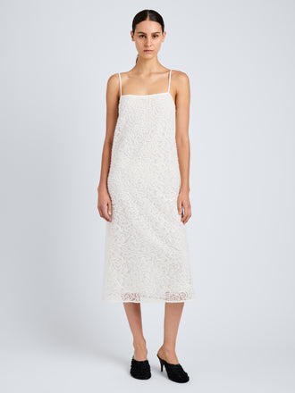 Proenza Schouler Front full length image of model wearing Virginie Dress in Fringe Embroidery in Off White