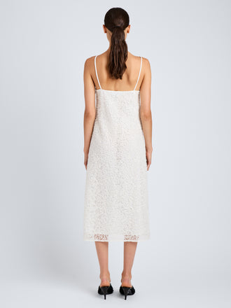Proenza Schouler Back full length image of model wearing Virginie Dress in Fringe Embroidery in Off White