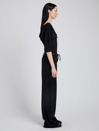 Proenza Schouler Side full length image of model wearing Darena Top in Compact Stretch Crepe in Black