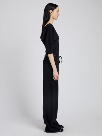 Proenza Schouler Side full length image of model wearing Darena Top in Compact Stretch Crepe in Black