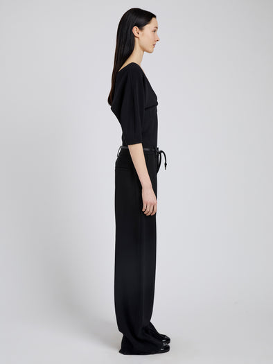 Proenza Schouler Side full length image of model wearing Darena Top in Compact Stretch Crepe in Black