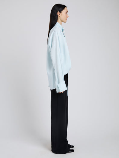 Proenza Schouler Side full length image of model wearing Ricky Top in Viscose Gabardine in Sky
