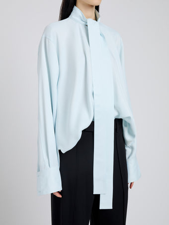 Proenza Schouler Detail image of model wearing Ricky Top in Viscose Gabardine in Sky