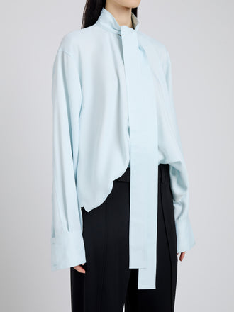 Proenza Schouler Detail image of model wearing Ricky Top in Viscose Gabardine in Sky