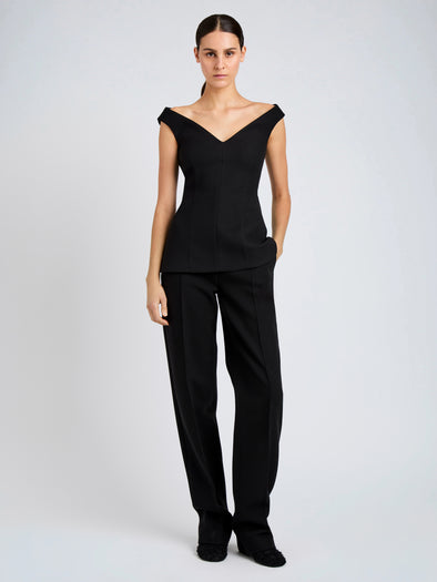 Proenza Schouler Front full length image of model wearing Mariam Top in Wool Scuba in Black