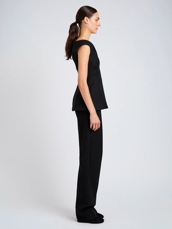Proenza Schouler Side full length image of model wearing Mariam Top in Wool Scuba in Black