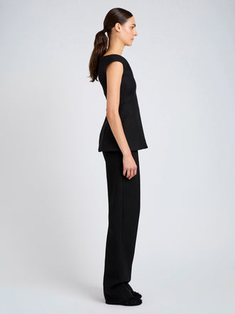 Proenza Schouler Side full length image of model wearing Mariam Top in Wool Scuba in Black