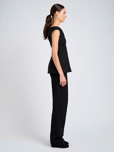 Proenza Schouler Side full length image of model wearing Mariam Top in Wool Scuba in Black