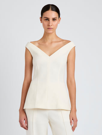 Proenza Schouler Detail image of model wearing Mariam Top in Wool Scuba in Off White