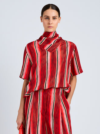 Proenza Schouler Front cropped image of model wearing Amira Top in Printed Silk Habotai in Vermillion Multi