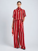 Proenza Schouler Front full length image of model wearing Amira Top in Printed Silk Habotai in Vermillion Multi