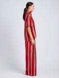 Proenza Schouler Side full length image of model wearing Amira Top in Printed Silk Habotai in Vermillion Multi