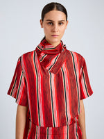 Proenza Schouler Detail image of model wearing Amira Top in Printed Silk Habotai in Vermillion Multi