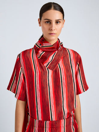 Proenza Schouler Detail image of model wearing Amira Top in Printed Silk Habotai in Vermillion Multi