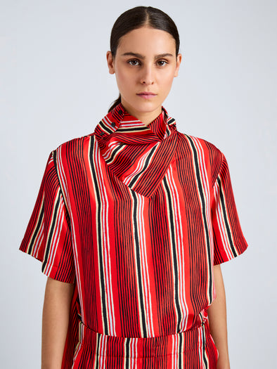 Proenza Schouler Detail image of model wearing Amira Top in Printed Silk Habotai in Vermillion Multi