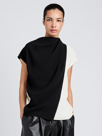 Proenza Schouler Front cropped image of model wearing Elsa Top in Matte Double Crepe in Black Multi