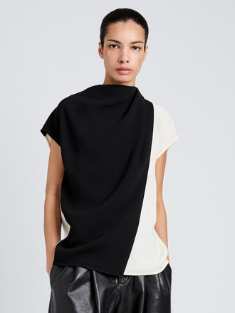 Proenza Schouler Front cropped image of model wearing Elsa Top in Matte Double Crepe in Black Multi
