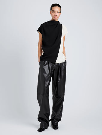 Proenza Schouler Front full length image of model wearing Elsa Top in Matte Double Crepe in Black Multi