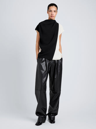 Proenza Schouler Front full length image of model wearing Elsa Top in Matte Double Crepe in Black Multi