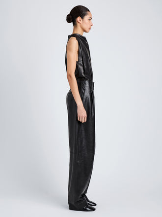 Proenza Schouler Side full length image of model wearing Iza Top in Classic Nappa in Black