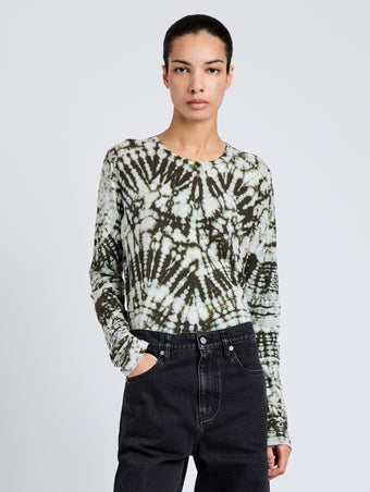 Proenza Schouler Front cropped image of model wearing Mia Top in Tie Dye Tissue Jersey in Caper Multi