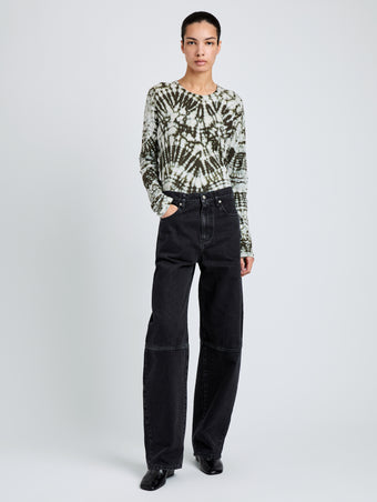 Proenza Schouler Front full length image of model wearing Mia Top in Tie Dye Tissue Jersey in Caper Multi