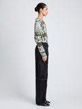 Proenza Schouler Side full length image of model wearing Mia Top in Tie Dye Tissue Jersey in Caper Multi