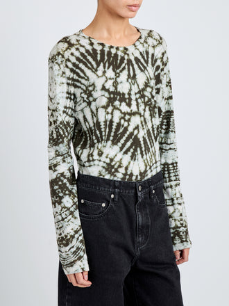 Proenza Schouler Detail image of model wearing Mia Top in Tie Dye Tissue Jersey in Caper Multi