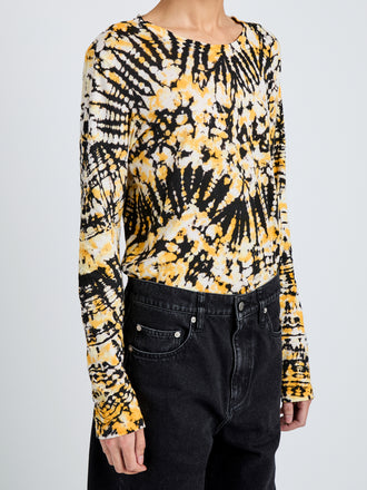 Proenza Schouler Detail image of model wearing Mia Top in Tie Dye Tissue Jersey in Sun Multi