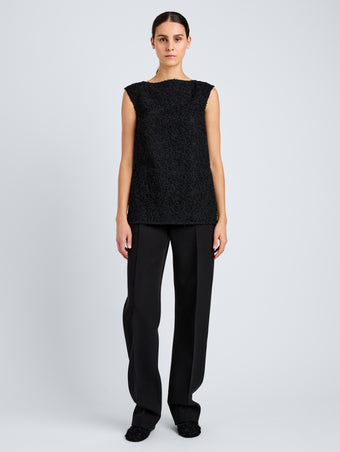 Proenza Schouler Front full length image of model wearing Virginie Top in Fringe Embroidery in Black